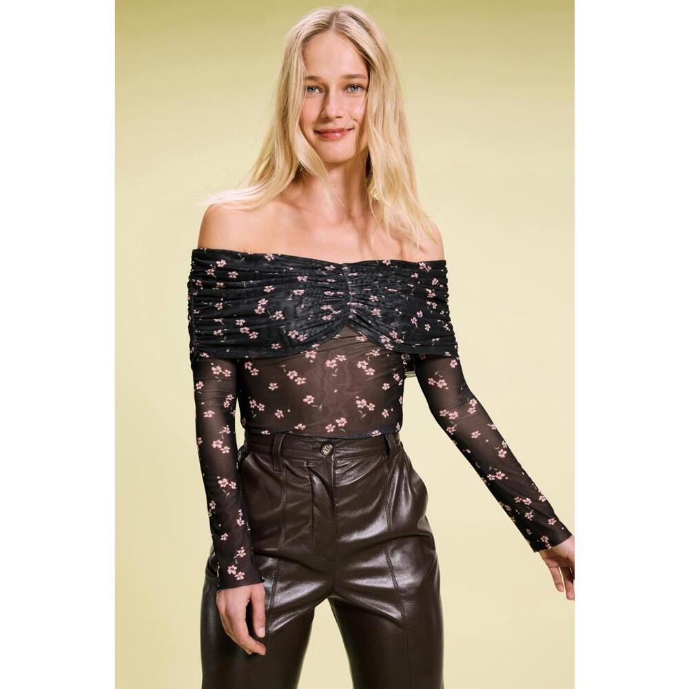 AFRM Lilith Ruched Mesh Top Size M with Mesh Tear